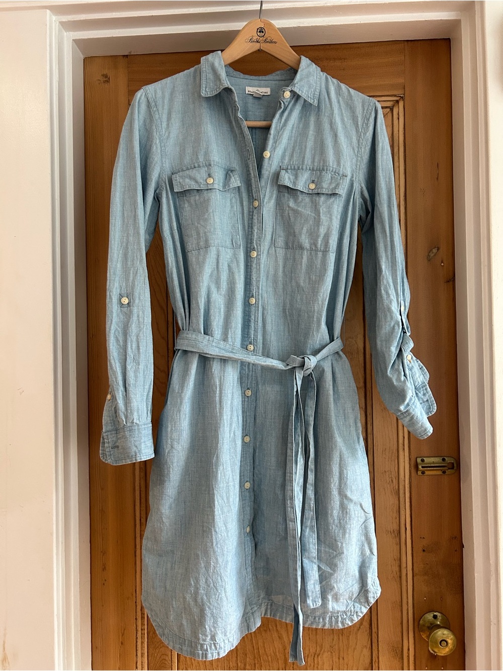 L.L. Bean Light Blue Chambray Long-Sleeve Shirt Dress with Tie Waist